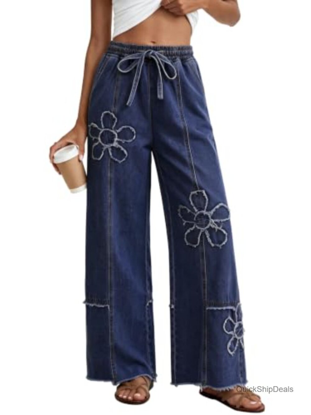 Women Boho 3D Embroidered Wide Leg Baggy Jeans Drawstring Frayed Hem